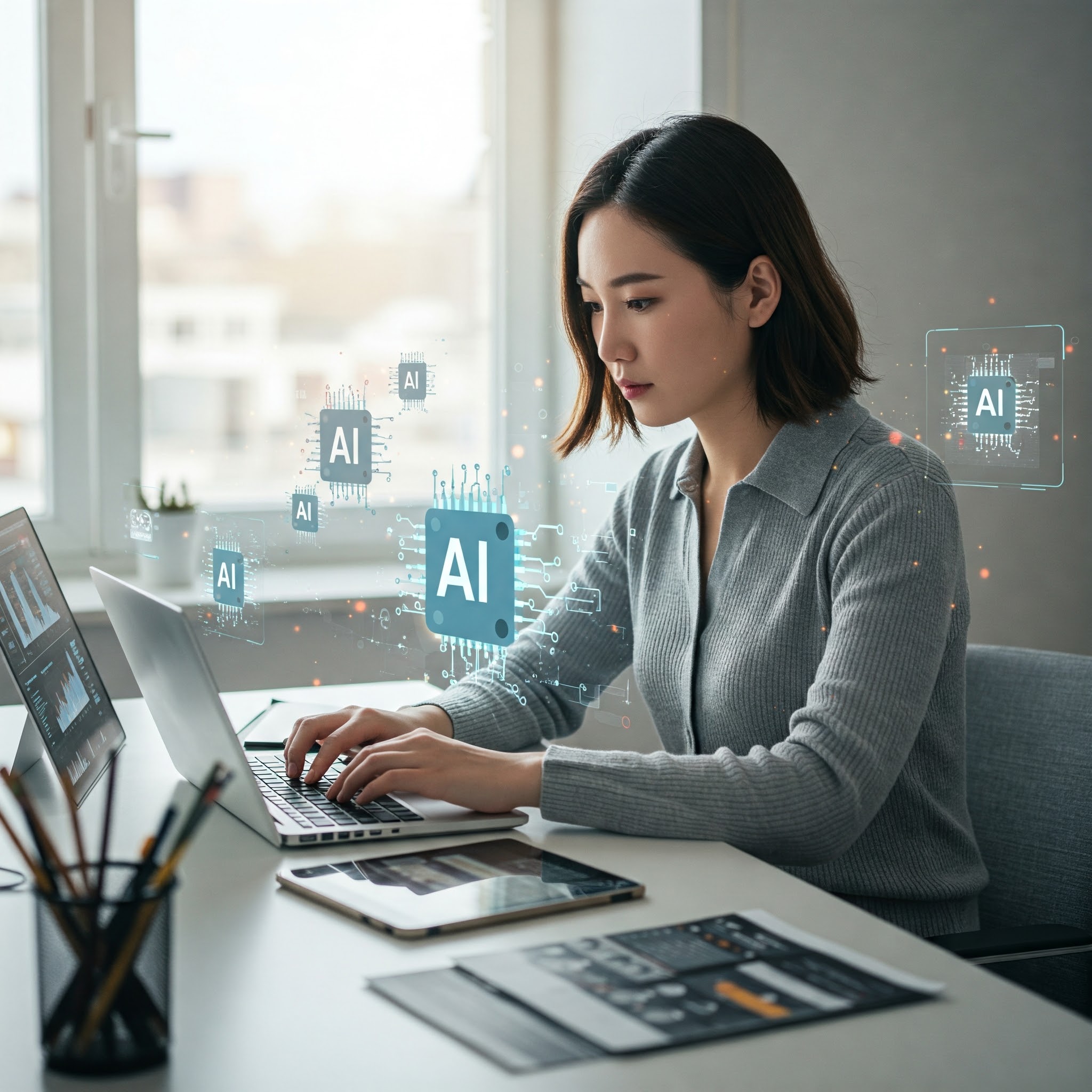 An illustration of a person working efficiently at a desk with digital tools and AI icons surrounding them.