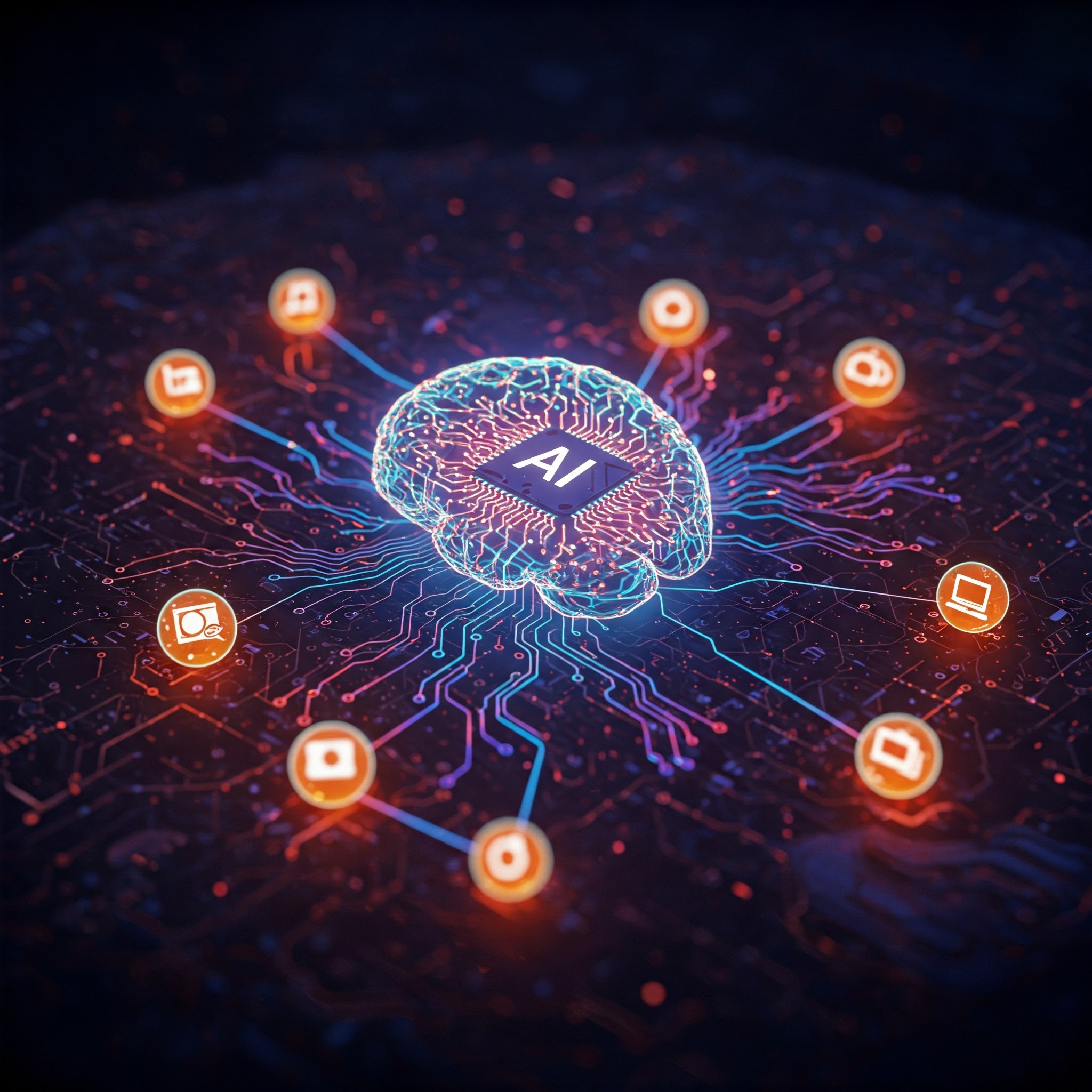 A digital illustration representing automated web search, with a network of interconnected data nodes and an AI brain processing information.