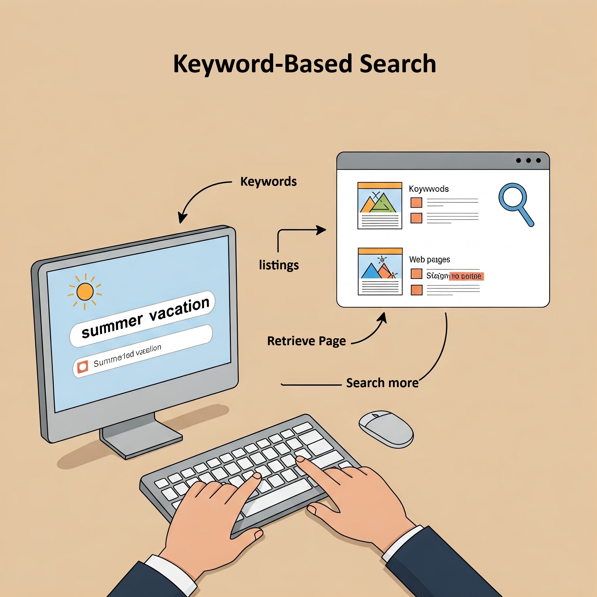 A simple diagram illustrating the process of keyword-based search, showing a user typing keywords and the search engine returning a list of web pages.