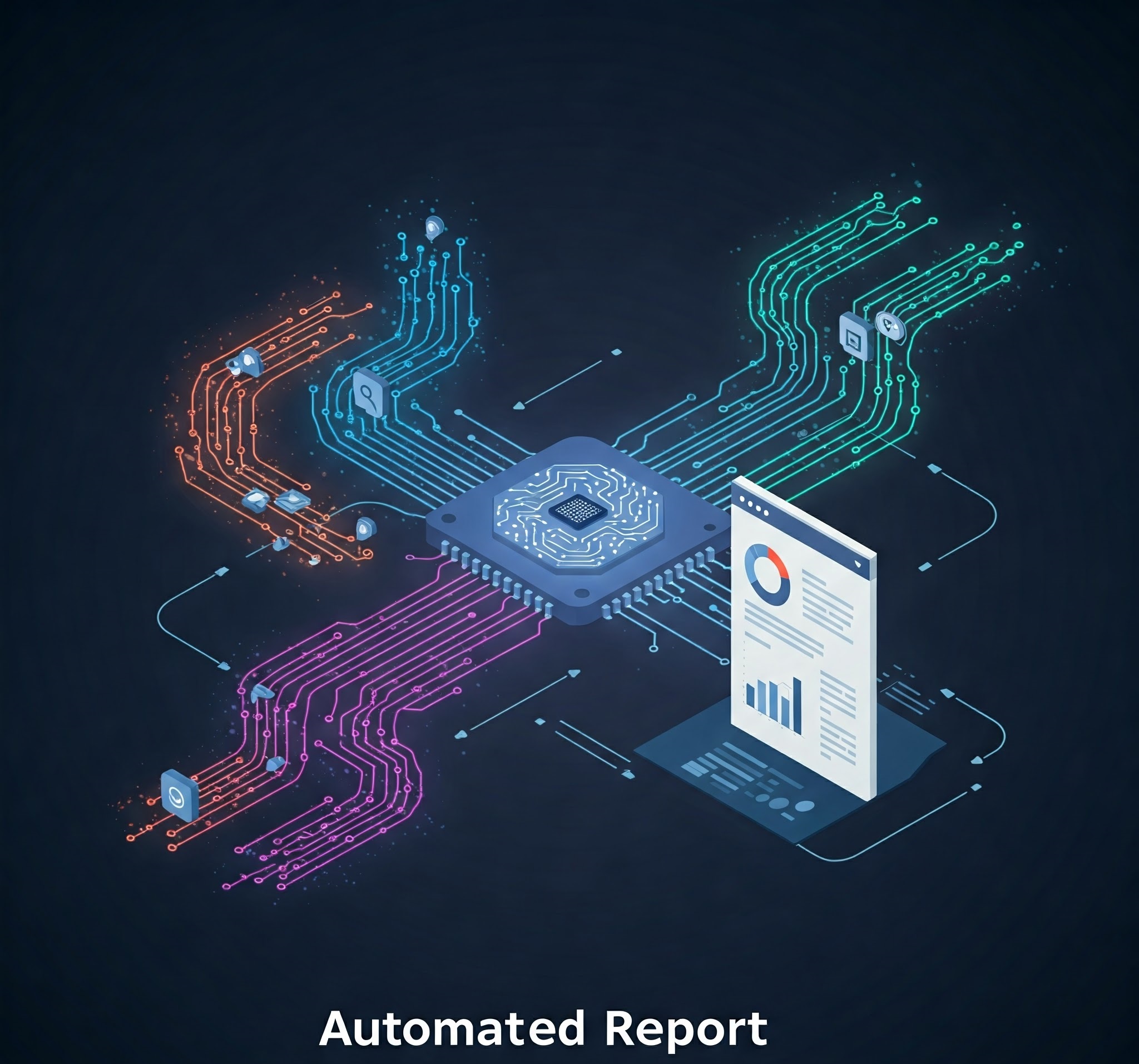 A graphic representing automated report generation, showing data streams and a finished report document.