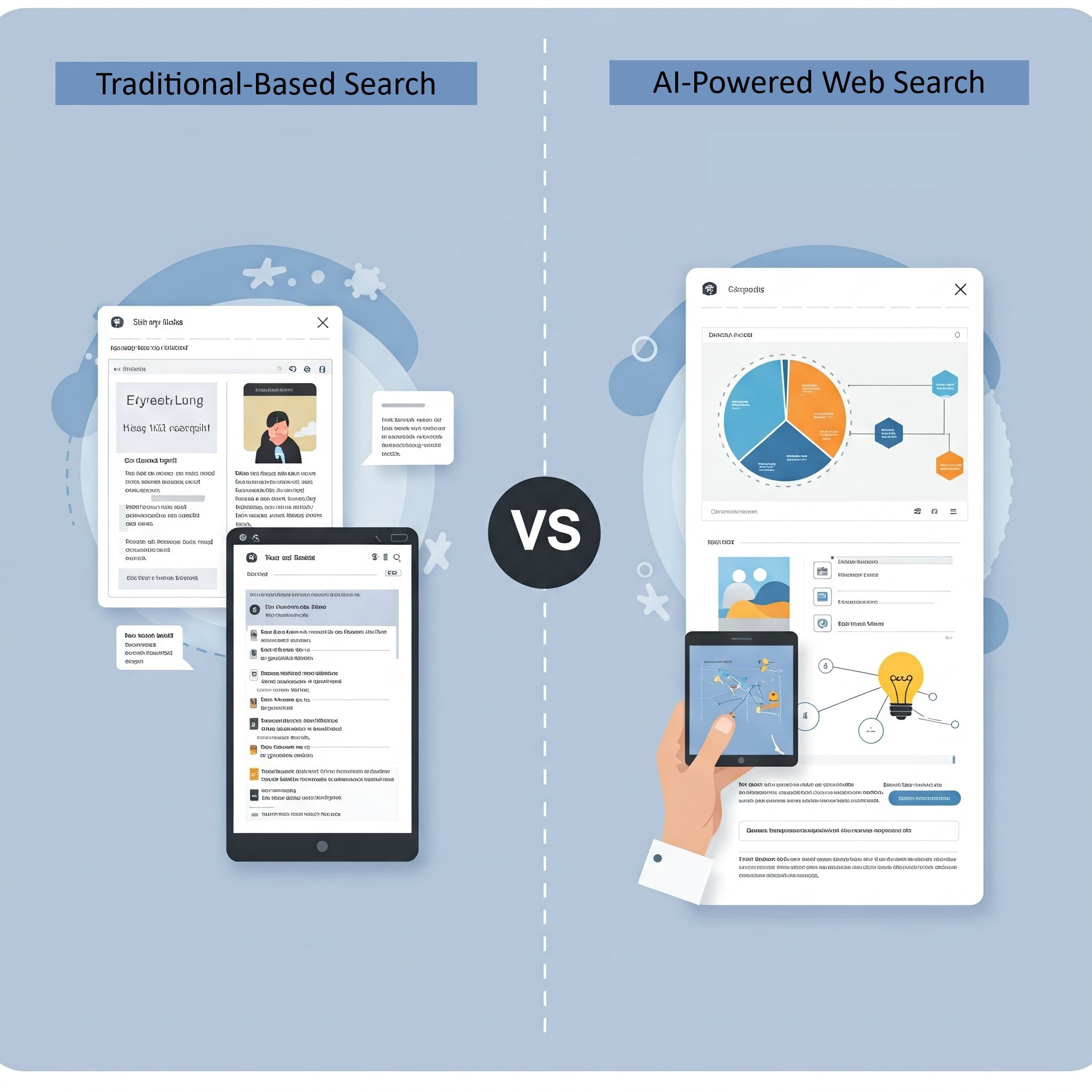 A visual comparison between traditional keyword-based search and AI-powered semantic search, highlighting the differences in results and understanding.