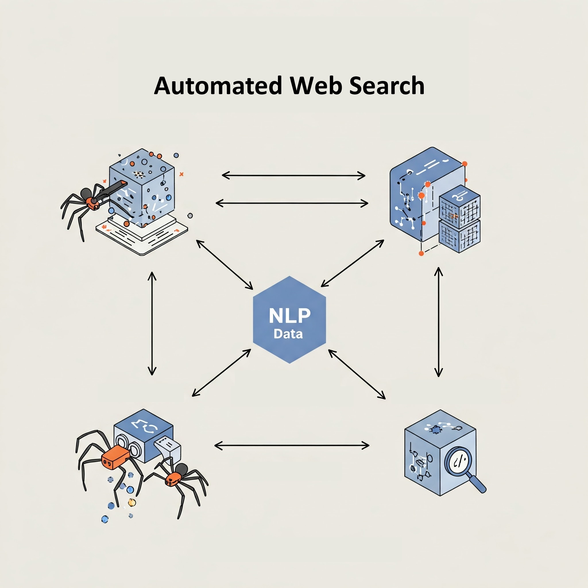 A diagram illustrating the workflow of automated web search, showing web crawlers, NLP processing, and machine learning feedback loops.