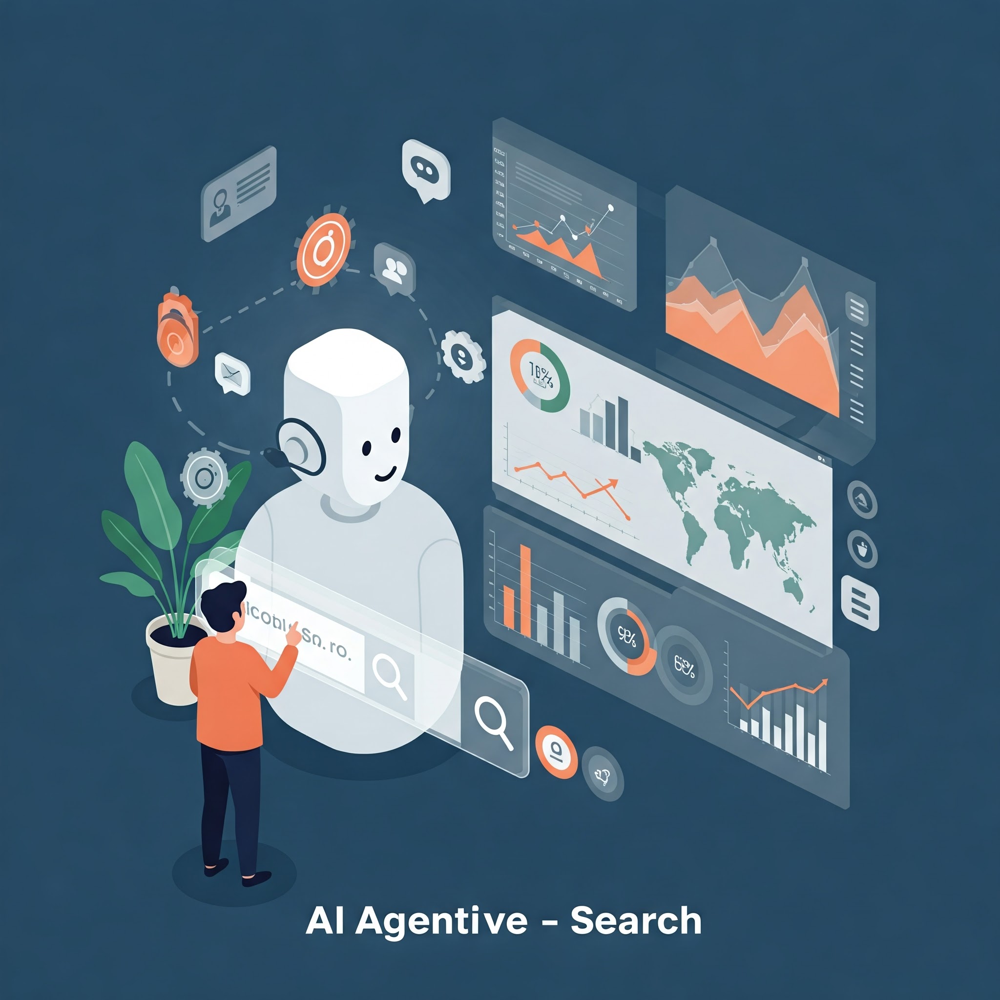 An illustration of AI agentic search, depicting a user interacting with an AI assistant, with visualizations of data analysis and personalized results.