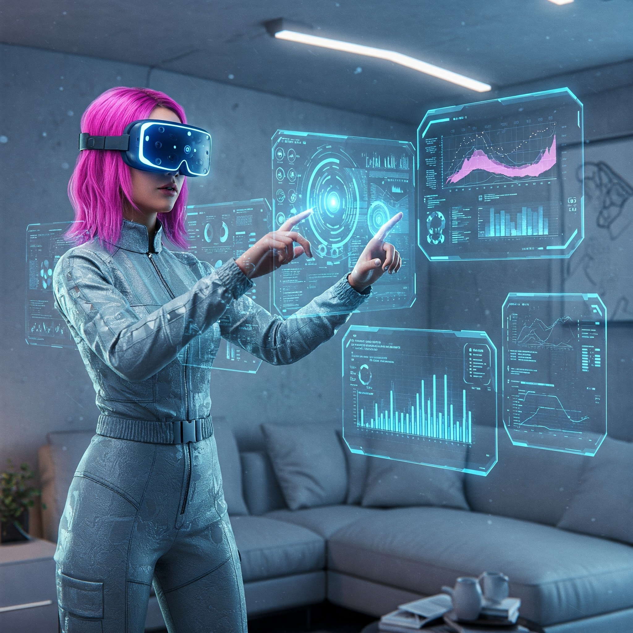 A futuristic scene depicting a user wearing AR glasses and interacting with digital information overlaid onto the real world.