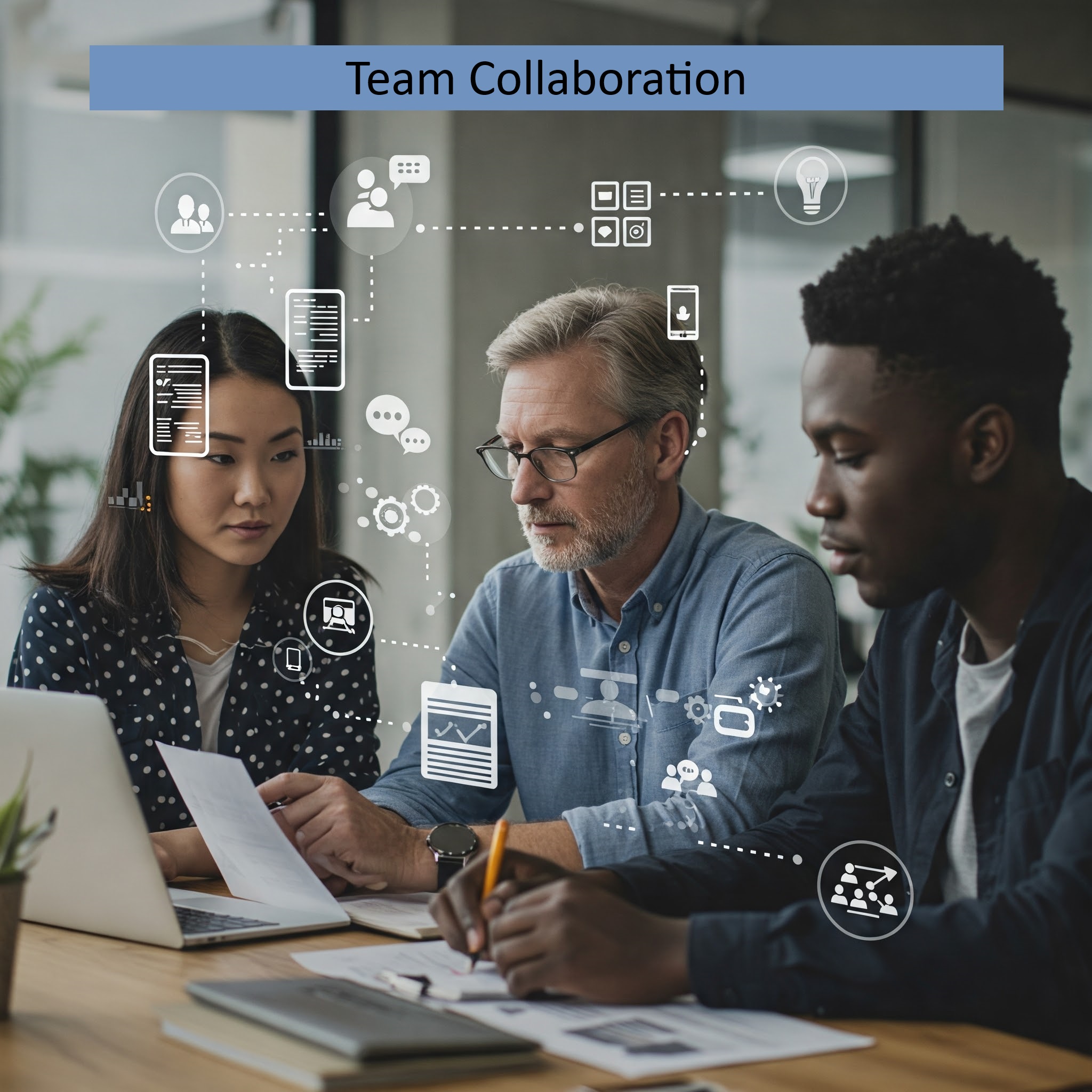 A graphic representing team collaboration, showing shared documents, communication icons, and team members working together.