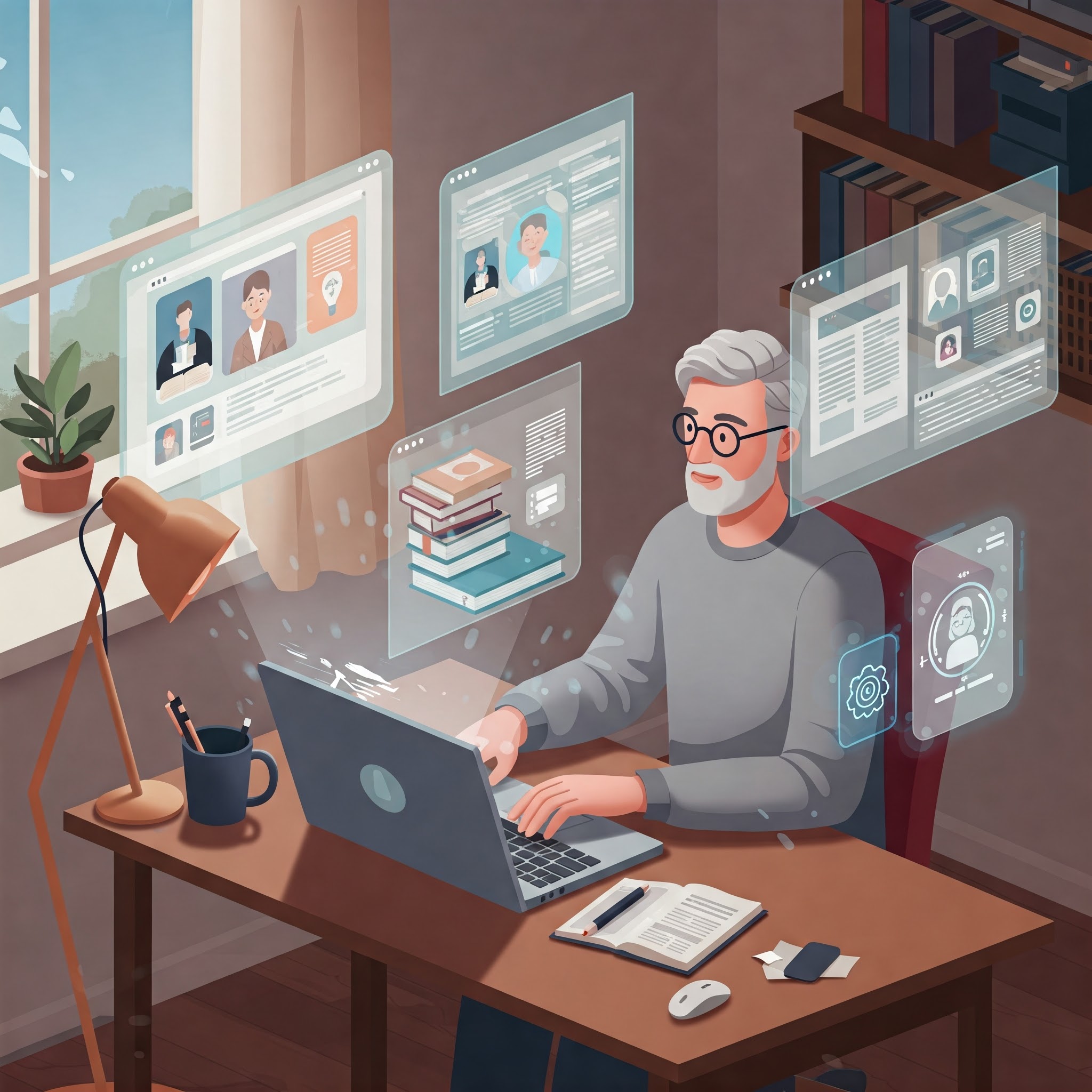 An illustration of continuous learning, showing a person accessing online courses, digital libraries, and AI-powered learning tools.
